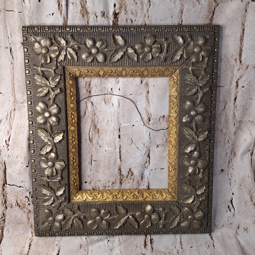 Antique Ornate Victorian Baroque Floral Gilt Wd Picture Frame Silver Gold  15x17